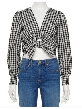 SO Junior's Keyhole Tie-Front Black & White Gingham Woven Blouse